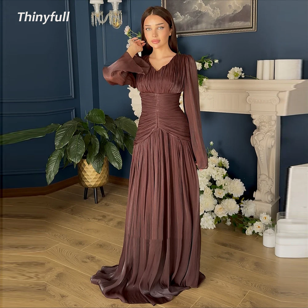

Thinyfull A-line Arab Prom Dresses V-neck Long Sleeves Glitter Evening Gown 2026 Long Formal Dress robes de soirée Customized