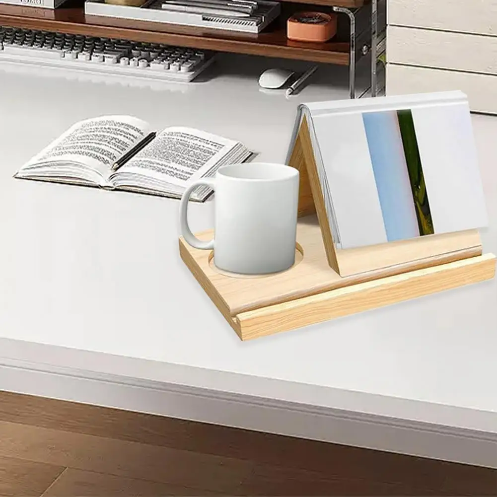 Table Book Storage Stylish Wooden Triangle Bookshelf with Cup Holder Tablet Slot for Home Organization Reading Convenience