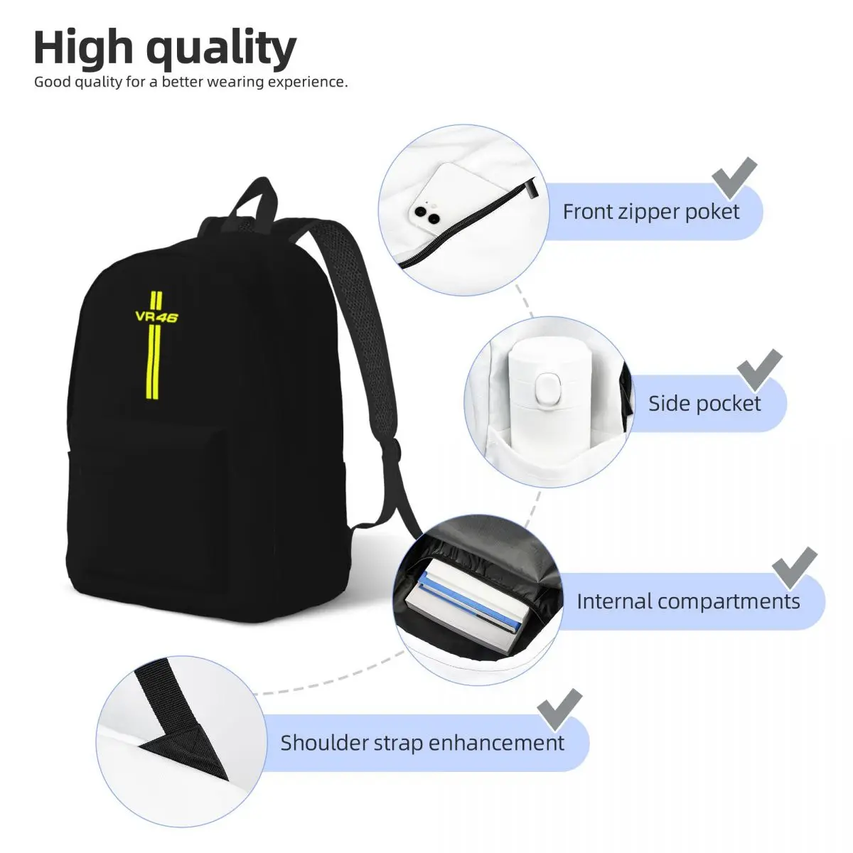 Vr-46 MOTORSPORT Backpack for Men Women Fashion Student Work Daypack College Shoulder Bag Lightweight