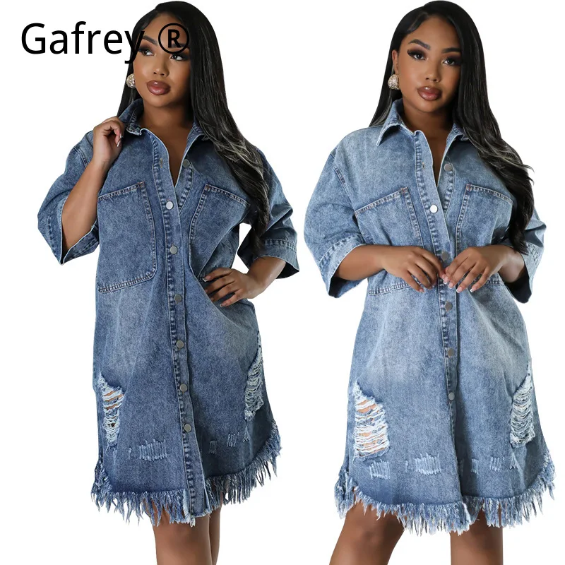 

XL XXL 4XL5XL Plus Size Denim Dress Distressed Fringe Trim Short Sleeve Lapel Collar Going Out Party Jean Mini Dresses for Women