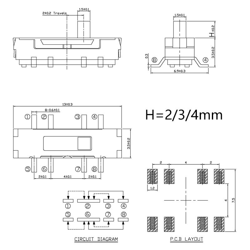 20PCS Mini Slide Switch 3Position 90° 8Pin SMT Micro Toggle Switch 2P3T 13x3.5mm H=2/3/4mm Slide Switch MSS-23D19A