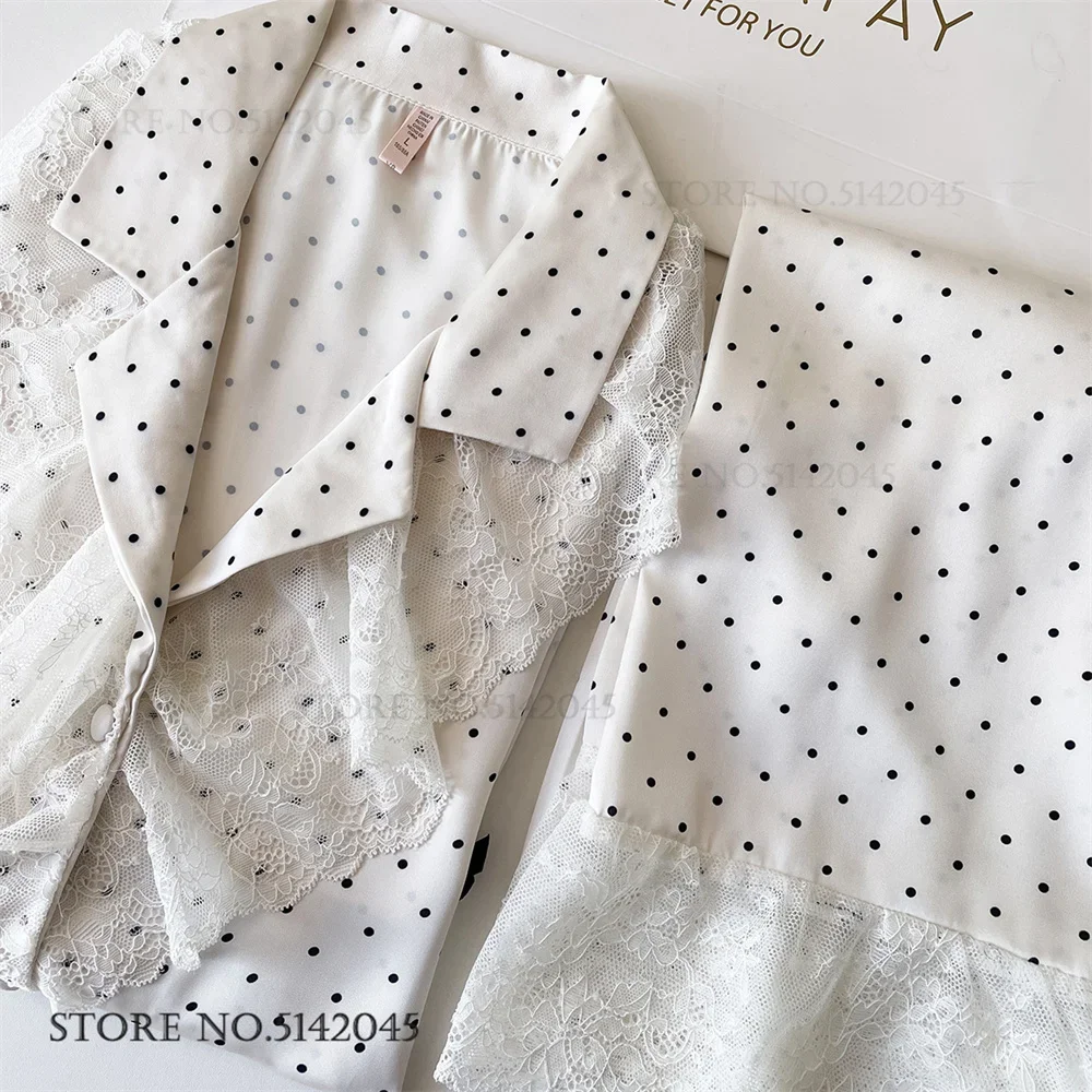 

Elegant French Style 2Pcs Pajamas Set White Print Dot Lace Sleepwear Long Sleeve Trouser Pijamas Suit Loose Ice Silk Homewear