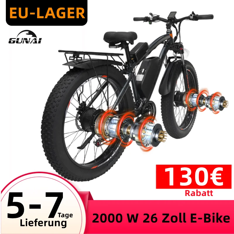 GUNAI Electric Bicycles 2000W Dual Motor, 26Inch Fat Tire Adults Electric Bike, 48V 23AH Battery 21-speed Electric Motorcycle