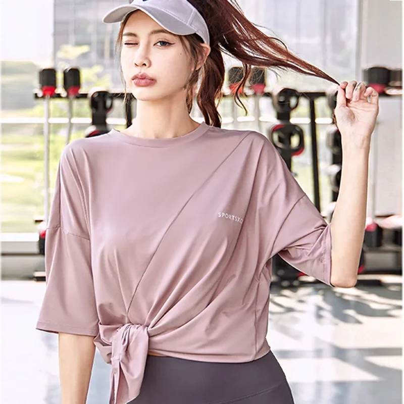 

Women Sports Shirts Split Short Sleeved T-shirts Loose Round Collar Running Fitness Tee Solid Breathable Sportswear