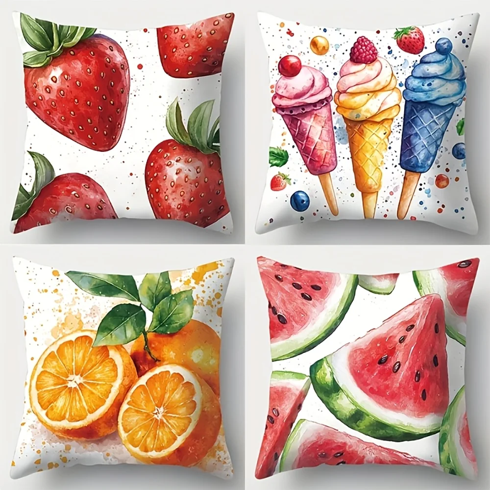 1PC 2D Flat Watercolor Summer Fruit Ice Cream Throw Pillow Covers Decorative Cushion Cases for Sofa Couch Patio No Pillow Core