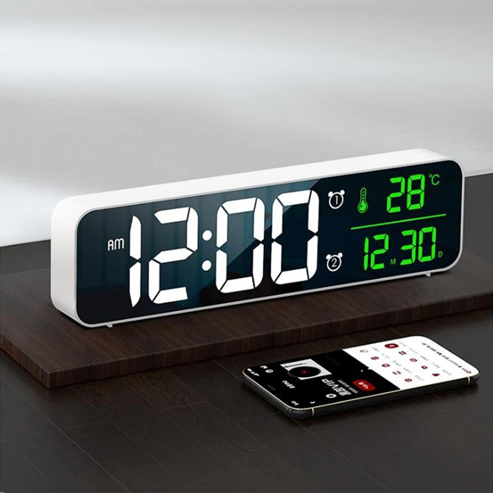 LED Digital Alarm Clock Temperature Date Display USB Desktop Mirror LED Music Snooze Clock for Living Room Bedside Decoration