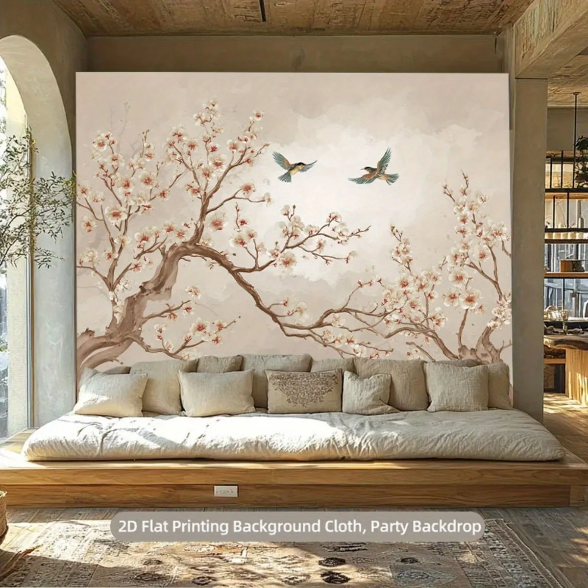 Elegant Polyester Sakura Cherry Blossom Tapestry Photo Backdrop Wall Decoration for Spring Wedding Party Event Room Decor