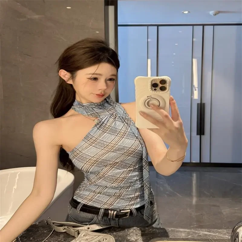 

Women Asymmetrical Halter Top Plaid Print Slim Fit Sleeveless Tie Neck Casual Fashion Daily Wear Blouse