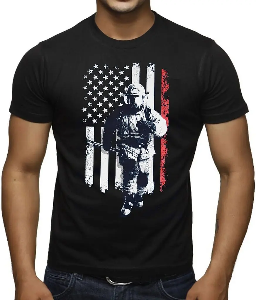 Men's Firefighter Thin Red Line American Flag Black T-Shirt Black