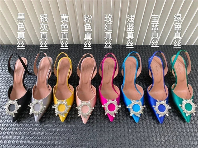 

Women's designer shoes brands 9cm heels Begum Satin Sling Pumps Silk Slingback Crystal Pointed Toe Diamond Shoes