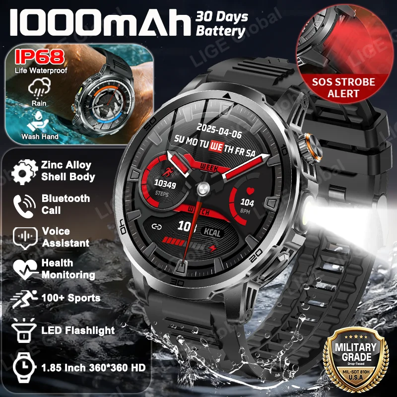 

LIGE New Military Outdoor Smart Watch 1.85" AMOLED 1000mAh Large Battery IP68 Waterproof Voice Call Sports Men Fitness Bracelet