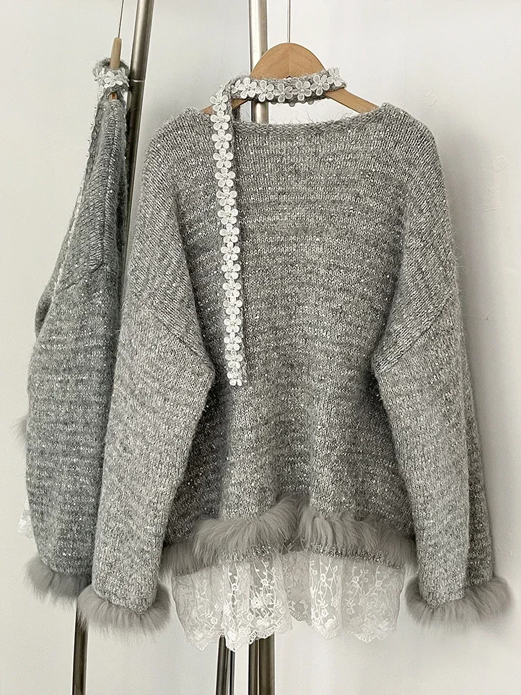 Vrouwen Nieuwe Lente Herfst Top Gebreide Kleding Losse Lint Truien Jas Echt Vossenbont Kant Truien Trui Jas Vrouwelijke