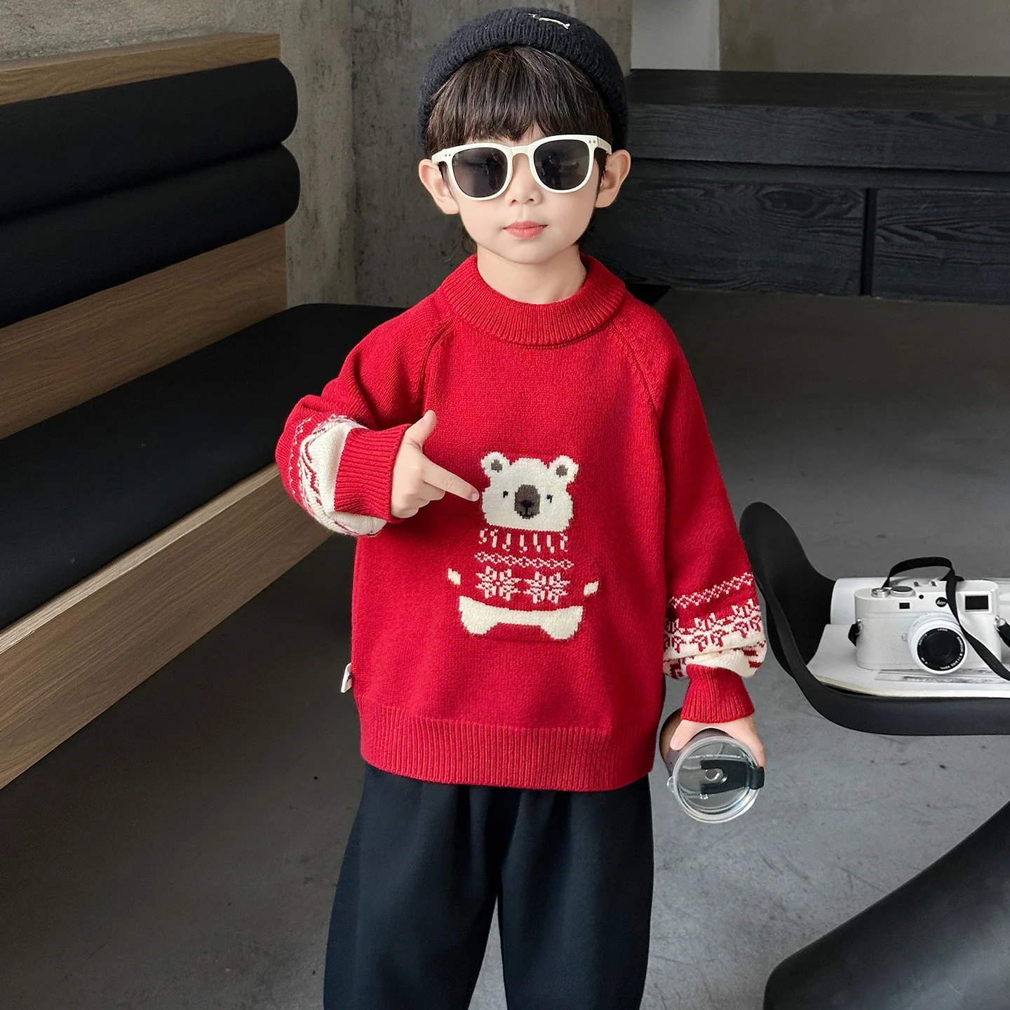 

Thiened Autumn Winter Knitted Sweater for Boys Children's Faionable Base Layer Top Cartoon Patterned Soft Cotton Sweatirt
