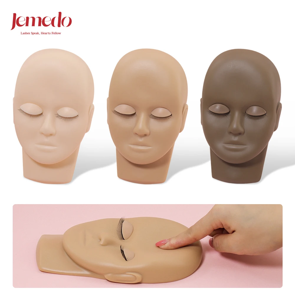 JEMEDO Lashes Practice Head Model Eyelash Extension Training Flat Silicone Head Model w/Removable Eyes Lash Grafting Head Model