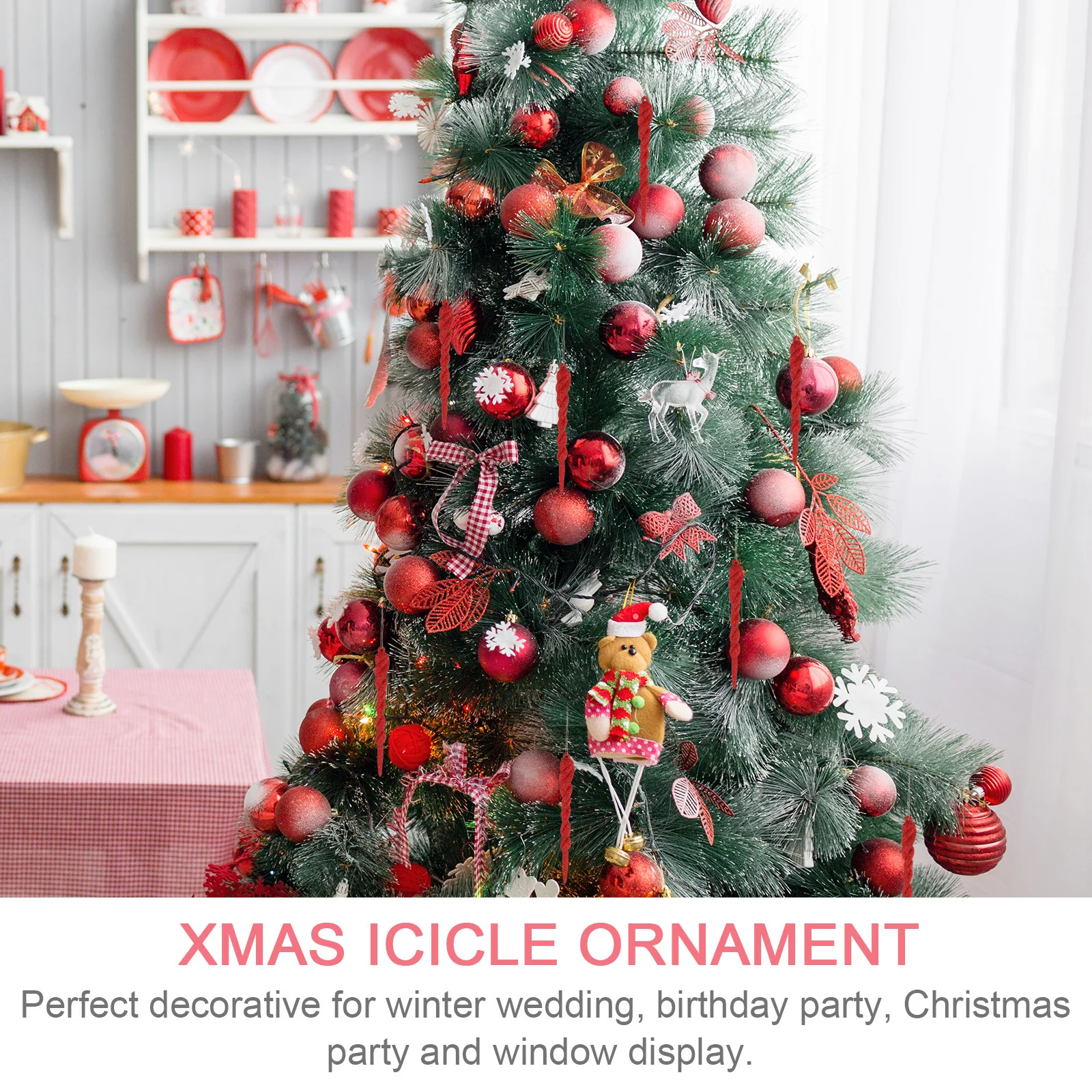 

12 pcs Flash Glitter Icicle Pendants Red Xmas Tree Hanging Decor Festive Winter Party Ornament Simulated Icicle Hanging Adorns