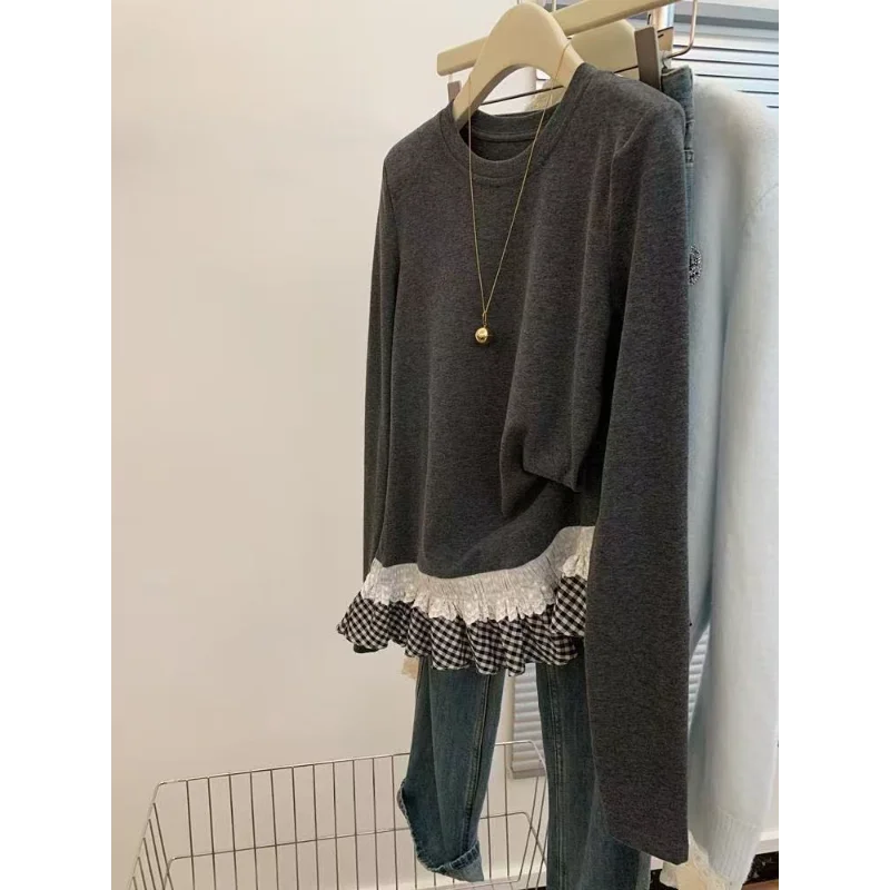 Lace Splicing T-shirt Women's Long-sleeved Autumn Winter Round Neck Pullover German Velvet Top New Design Loose Bottoming Shirt