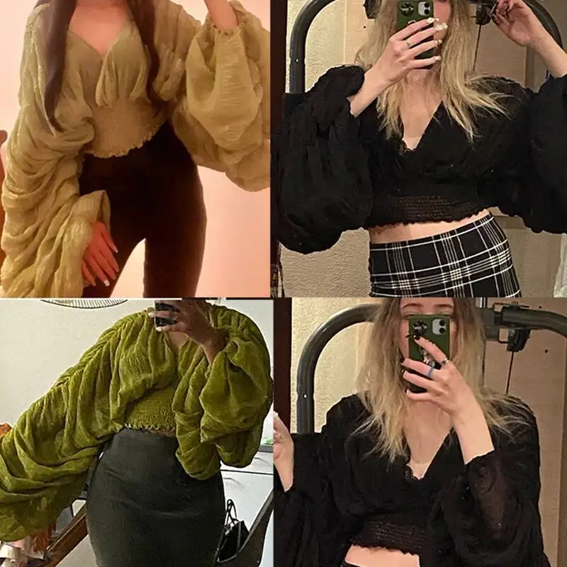 Chemisier court en mousseline de soie pour femmes, Sexy, transparent, manches Super longues, violet/vert/noir/blanc, plis, hauts de fête, nouvelle collection 2022