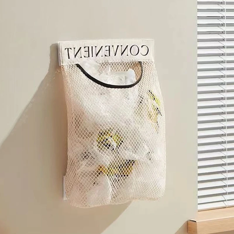 Sundries Bag Holder Wall Mount Mesh Plastic Bags Dispenser Hanging Reused Storage Pouch Kitchen Garbage Bag Organizer  Accessori
