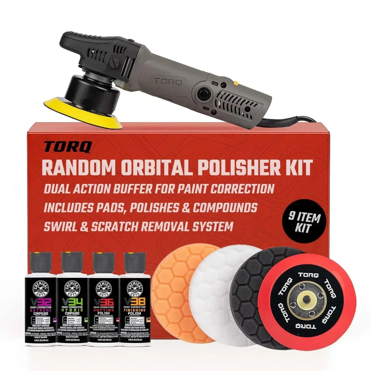 BUF_503X TORQX Random Orbital Polisher, Pads, Polishes & Compounds Kit (Safe for Cars, Trucks, SUVs, & More) 700W, Orbit 8mm