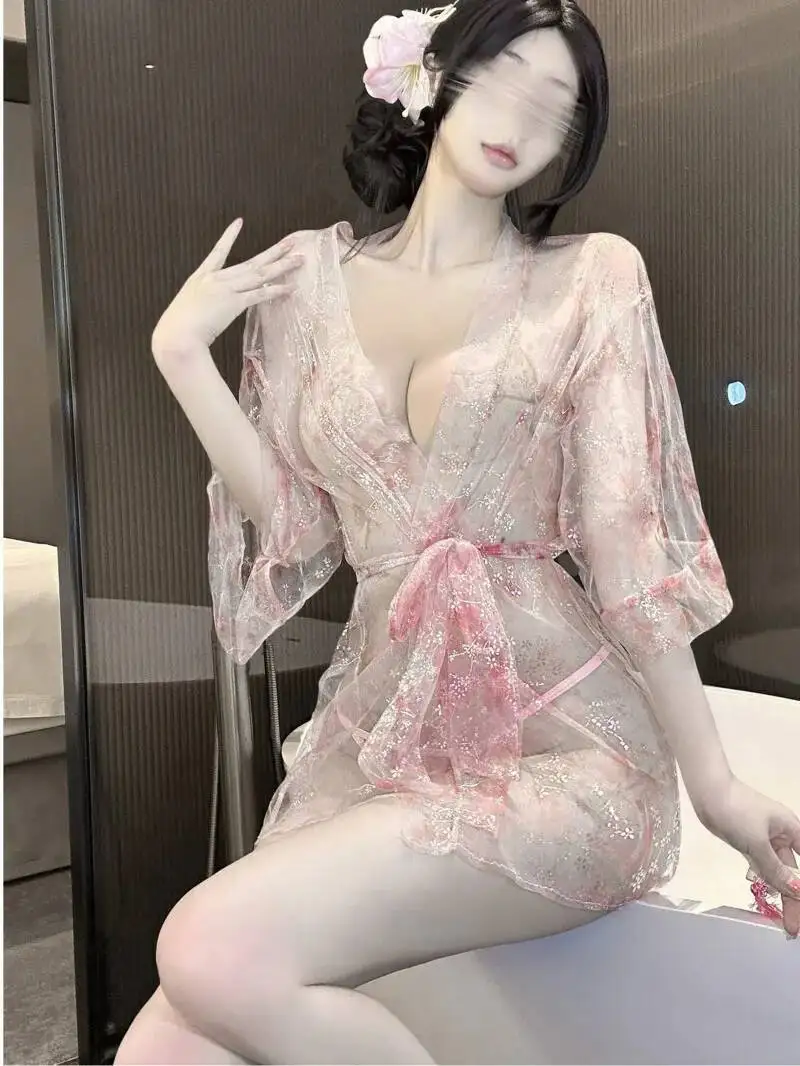 Erotische Sexy Tiefem V-ausschnitt Schulter Strickjacke Perspektive Sheer Mesh Spitze Heißer Gedruckt Kimono Bademantel Kleid Elegante Süße Tops KHB5
