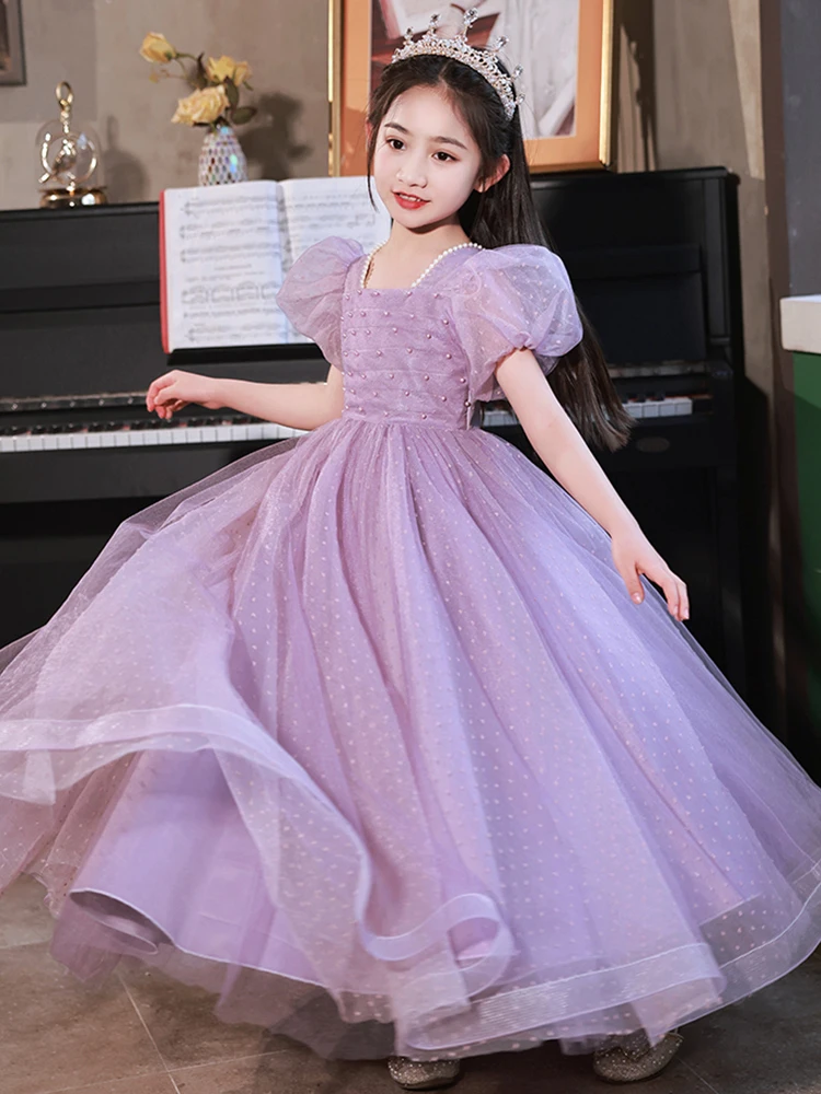 Girl's Piano Performance Dress Purple Square Collar Flower Girls Wedding Party Dresses Pearls Prom Tulle Princess Gowns