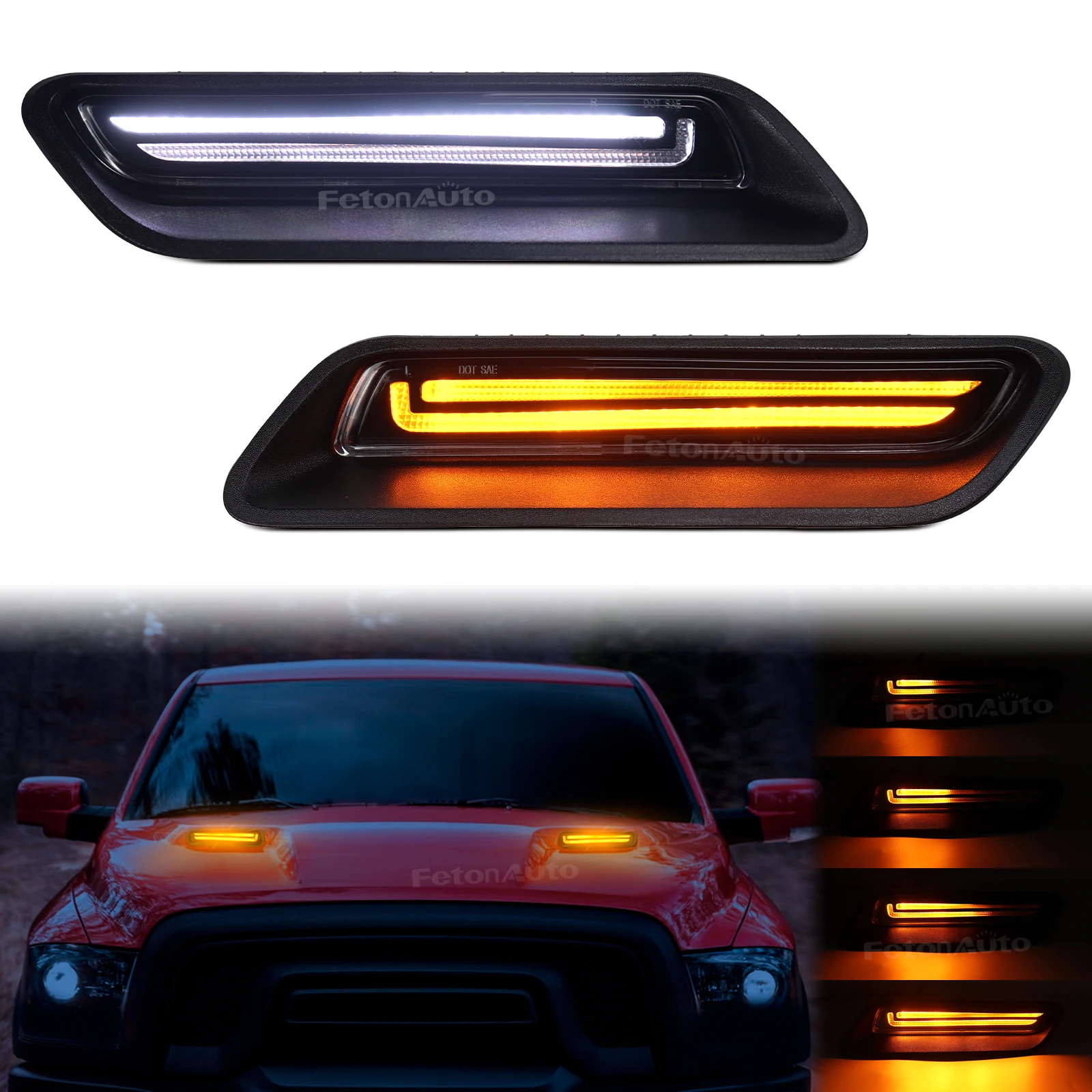 

Sequential LED Hood Vent Scoop Lights Hood Scoop Lamp Switchback Amber Dynamic White DRL for 2010-2022 Ram 1500