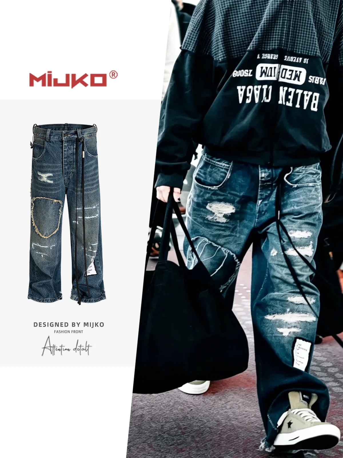 MIJKO Ribbon Destroyed Fringe Patch Applique Blue Jeans TJ198