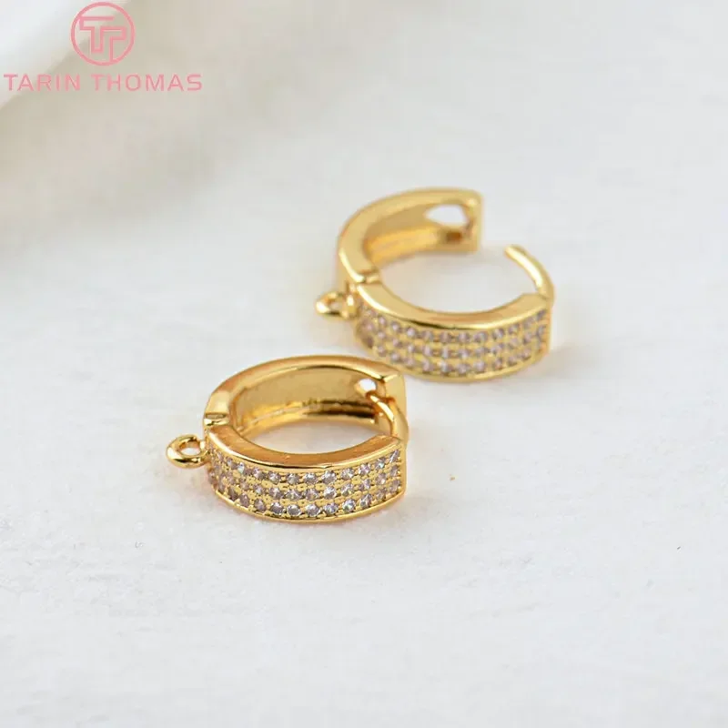 (2338)4PCS 15MM Hole 1.5MM 24K Gold Color Brass with Zircon Round Earrings Hoop Earring Clip High Quality Jewelry Making Finding