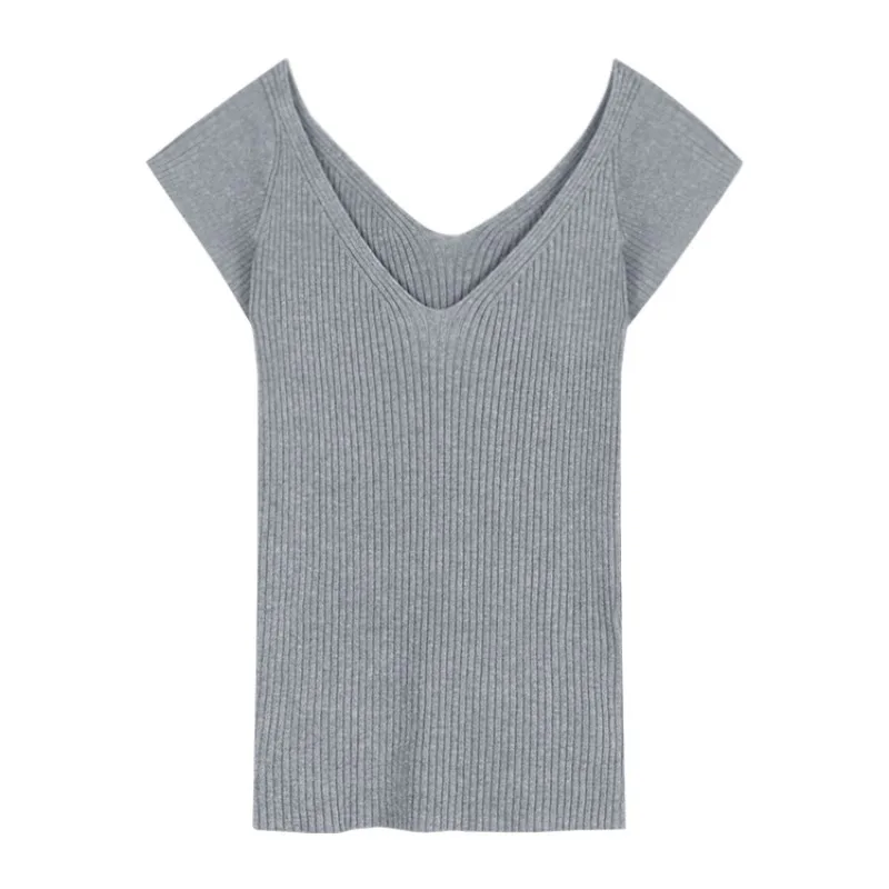 Maglietta vintage lavorata a maglia per le donne con scollo a V estate semplice casual Crop Top Y2k manica corta Tees moda coreana femminile Solid T-shirt