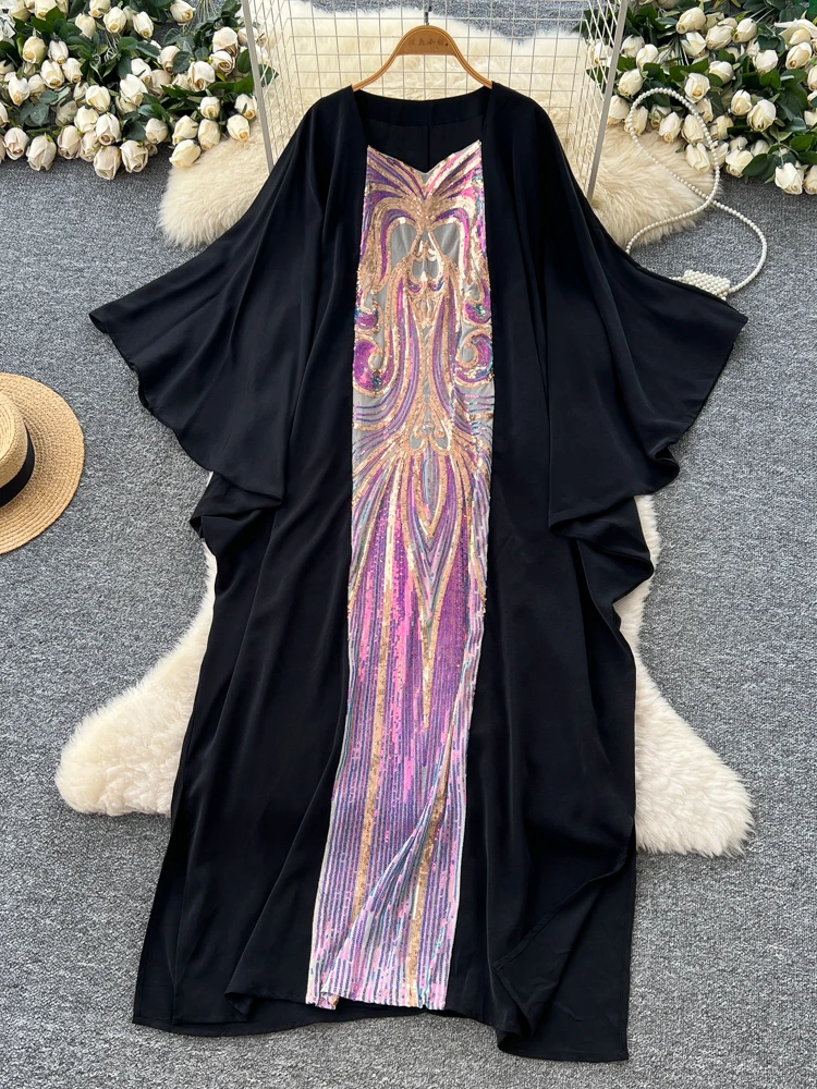 Vestido Largo Hoado con Mangas Murciélago y Parches Brillantes de Talla ande para Mujer, Estilo Industrial Pesado para Otoño