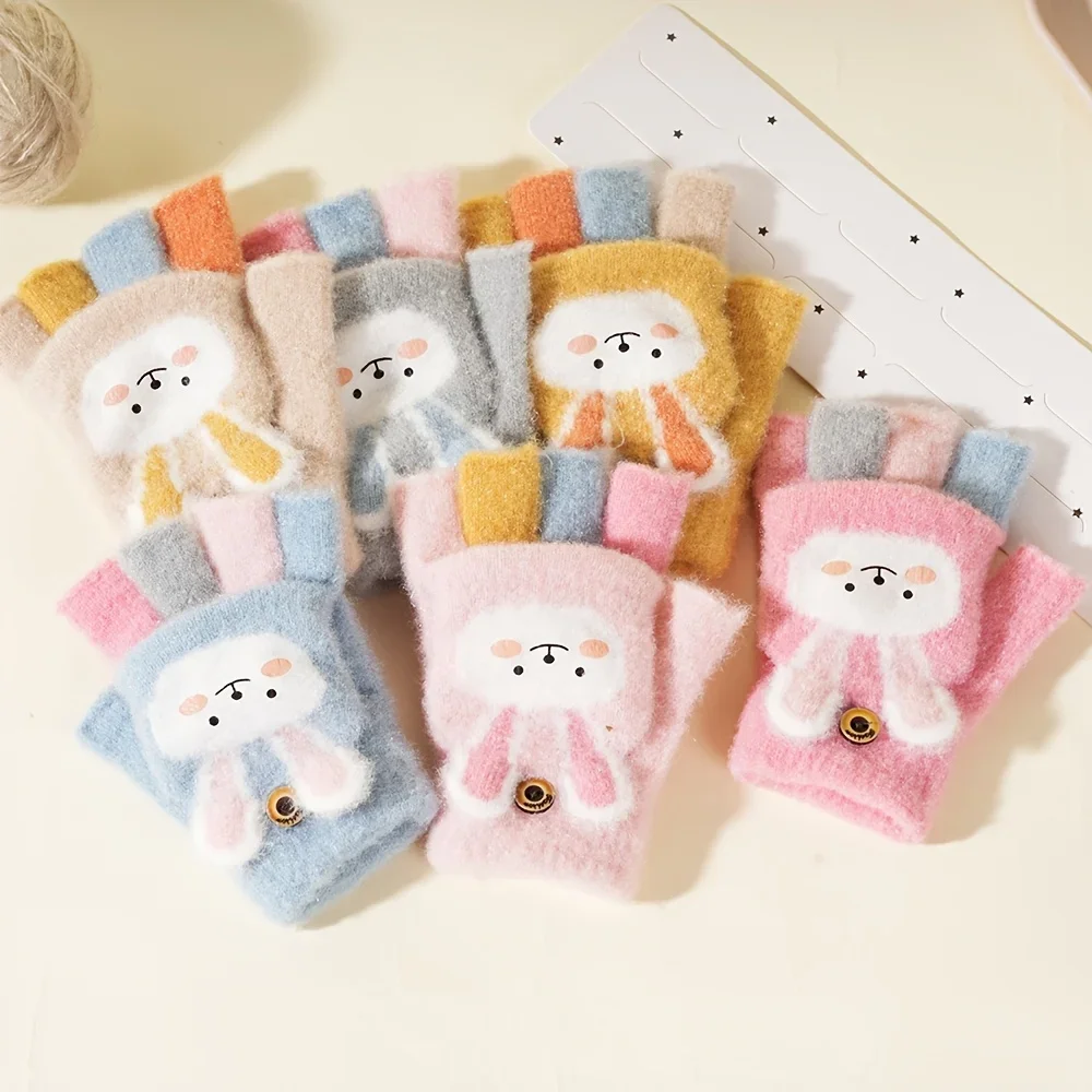 Flip Up Gloves Can Be Hand Washed, Cute Rabbit Warm, Unisex Knitted Cartoon Warm Gloves, Warm and Thick