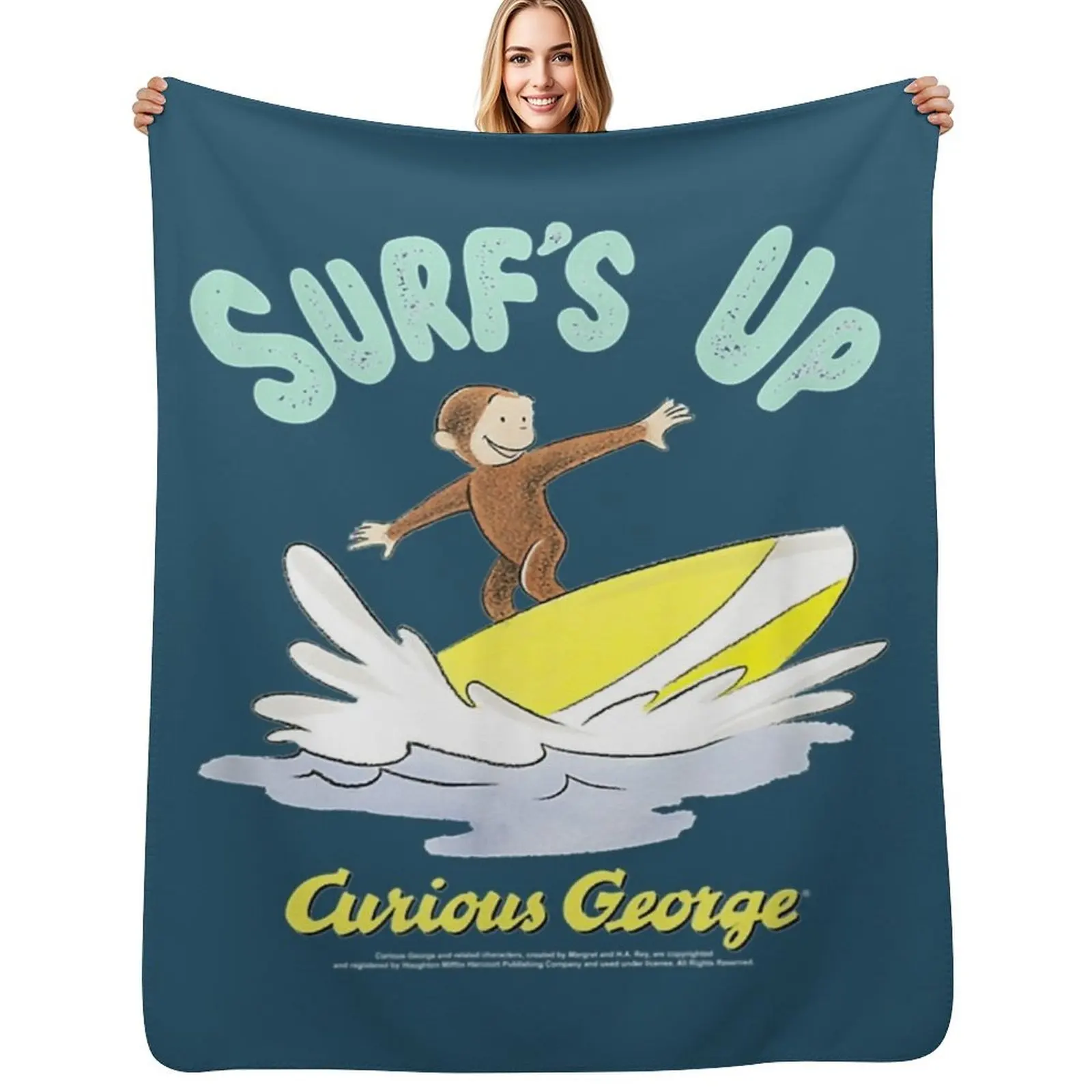 Curious George Surfs Up Surfing Portrait. Throw Blanket Stain Resistant Cozy Warm Blanket