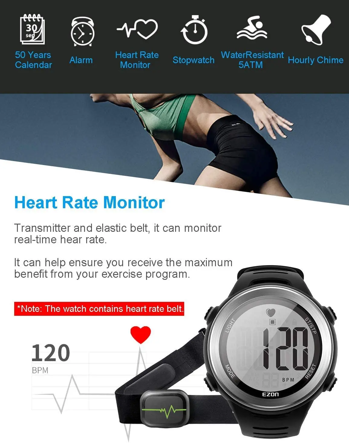 EZON T007  Heart Rate Monitor and Chest Strap, Exercise Heart Rate Monitor, Sports Watch with HRM, Waterproof, Stopwatch.