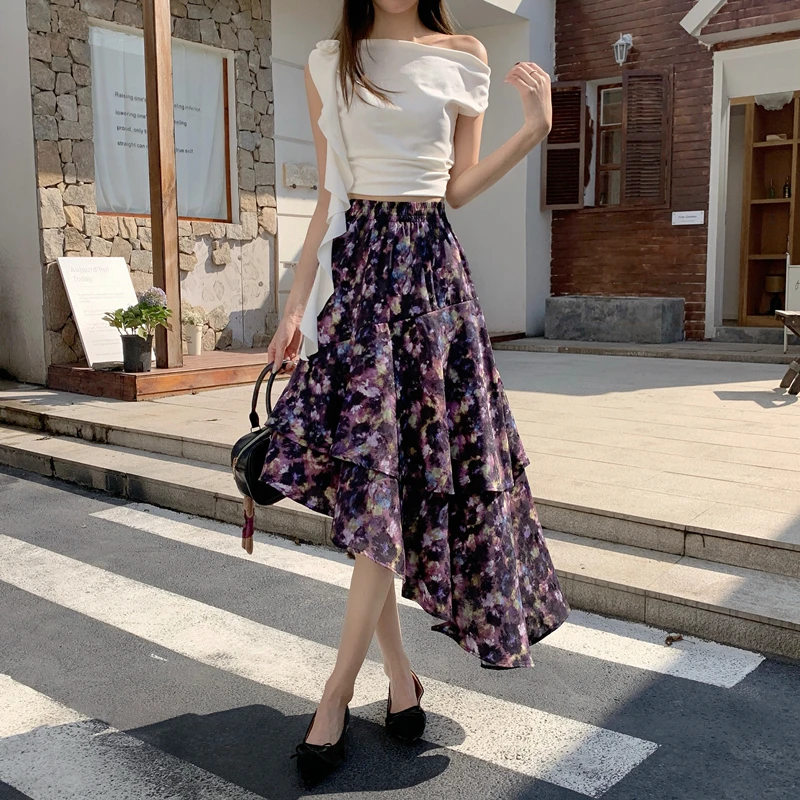 

Retro Asymmetrical Purple Floral f Skirt Women's Dyed Cake High Waist Slimming Midi A-Line Skirt Spring Season