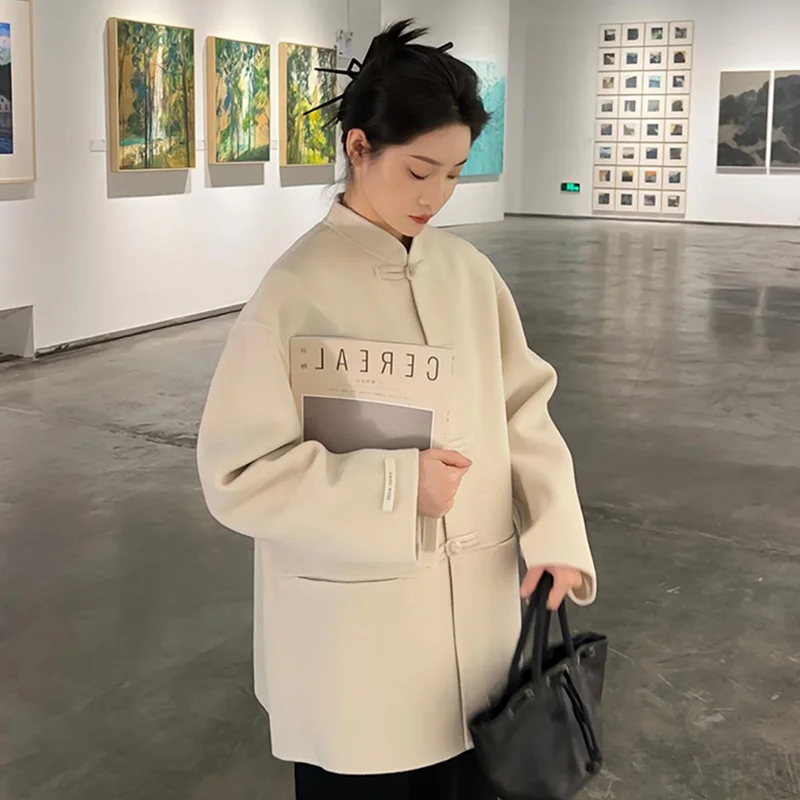 

Wool Blend Coats Womens Woolen Coat A Line Winter Corduroy Sherpa Embellished Stand-Collar Buttoned Pleated Maxi City Social Ins