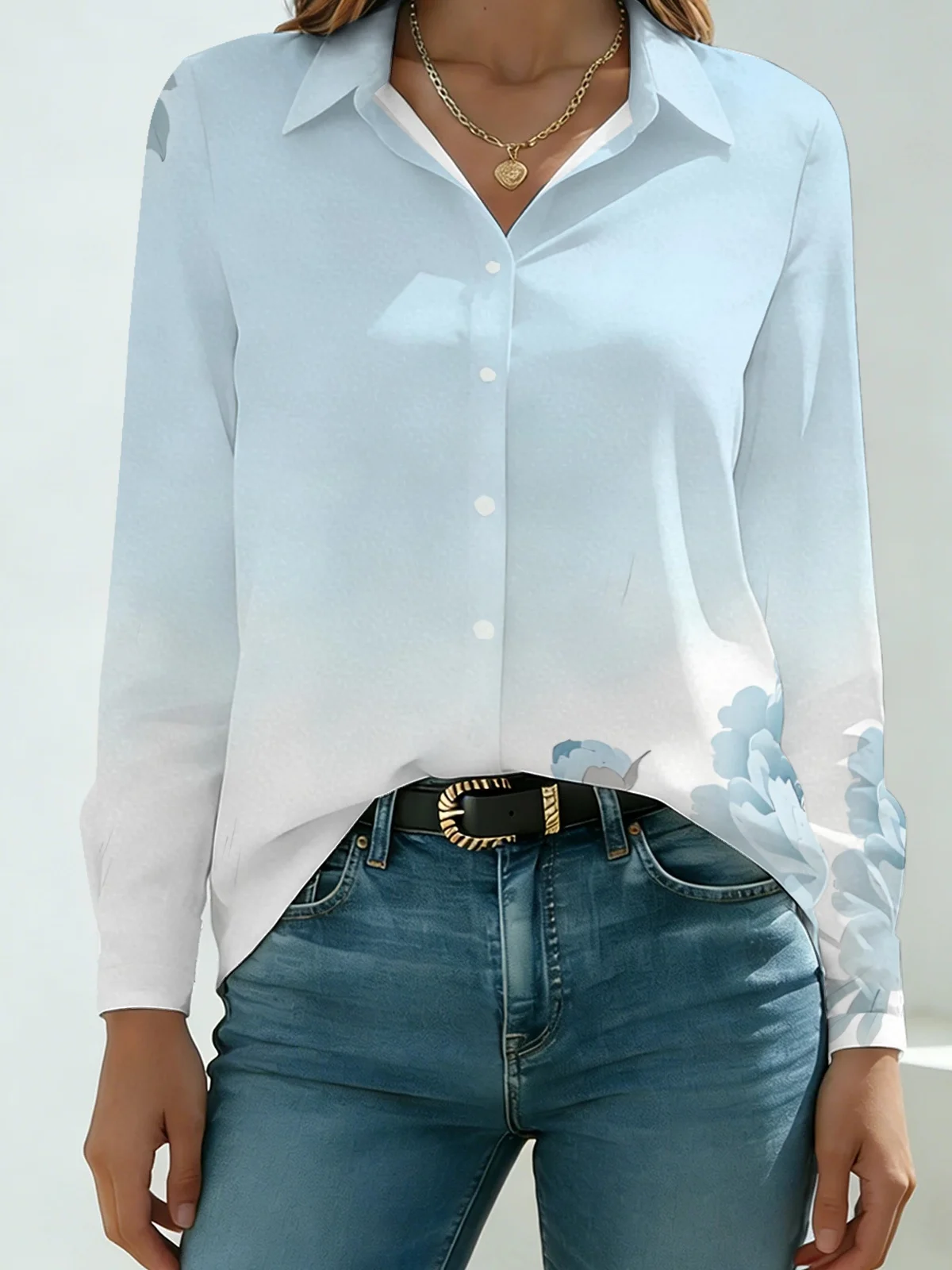 Oriental Ink Floral Women Long Sleeve Shirt Light Blue White Ombre Watercolor Peony Branch Print Lapel Button Down Office Daily