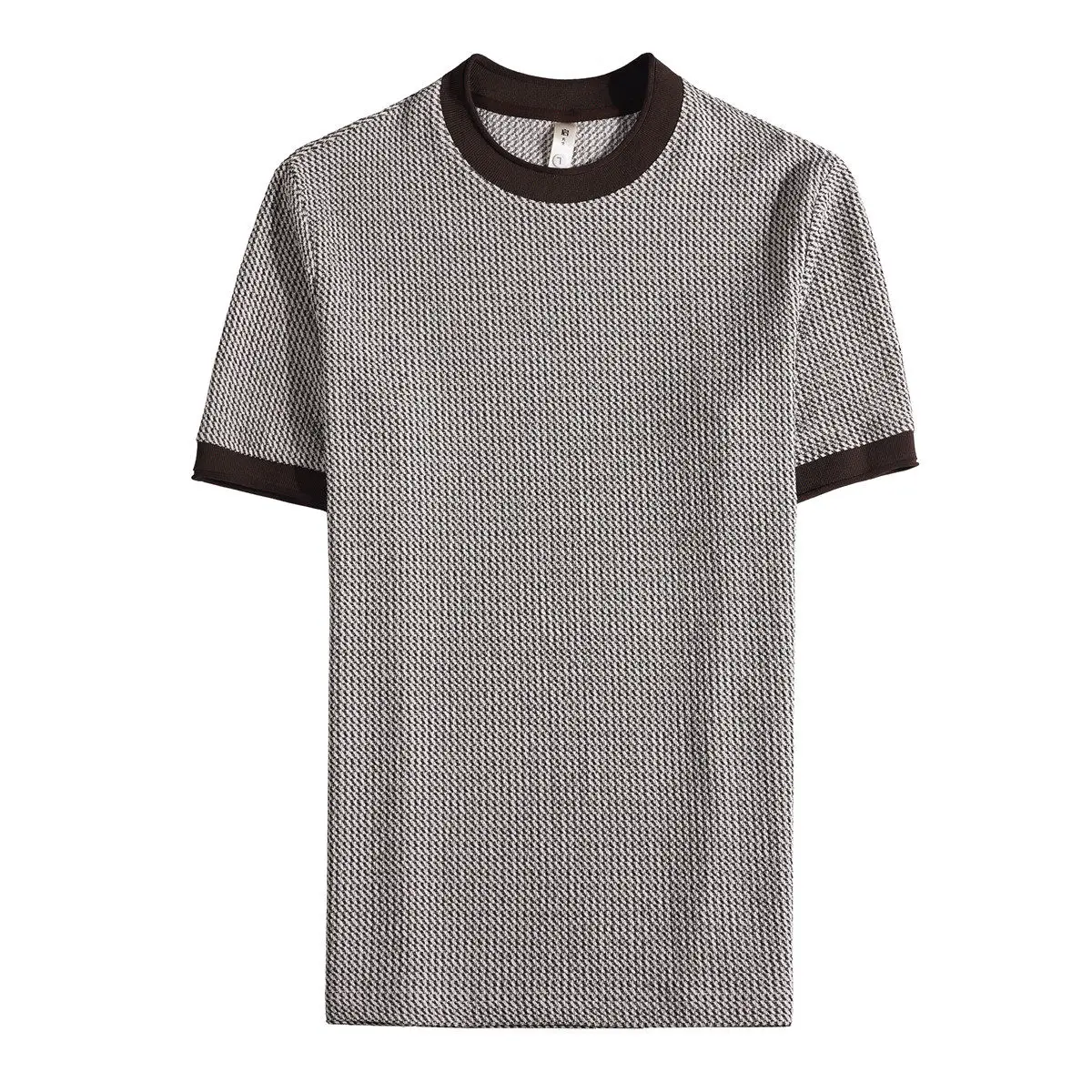 Men's Slim Fit Knitted T-Shirt Short Sleeve O-Neck Contrast Color Striped Stretchy Summer Casual Top Fashion Light Luxury Tee