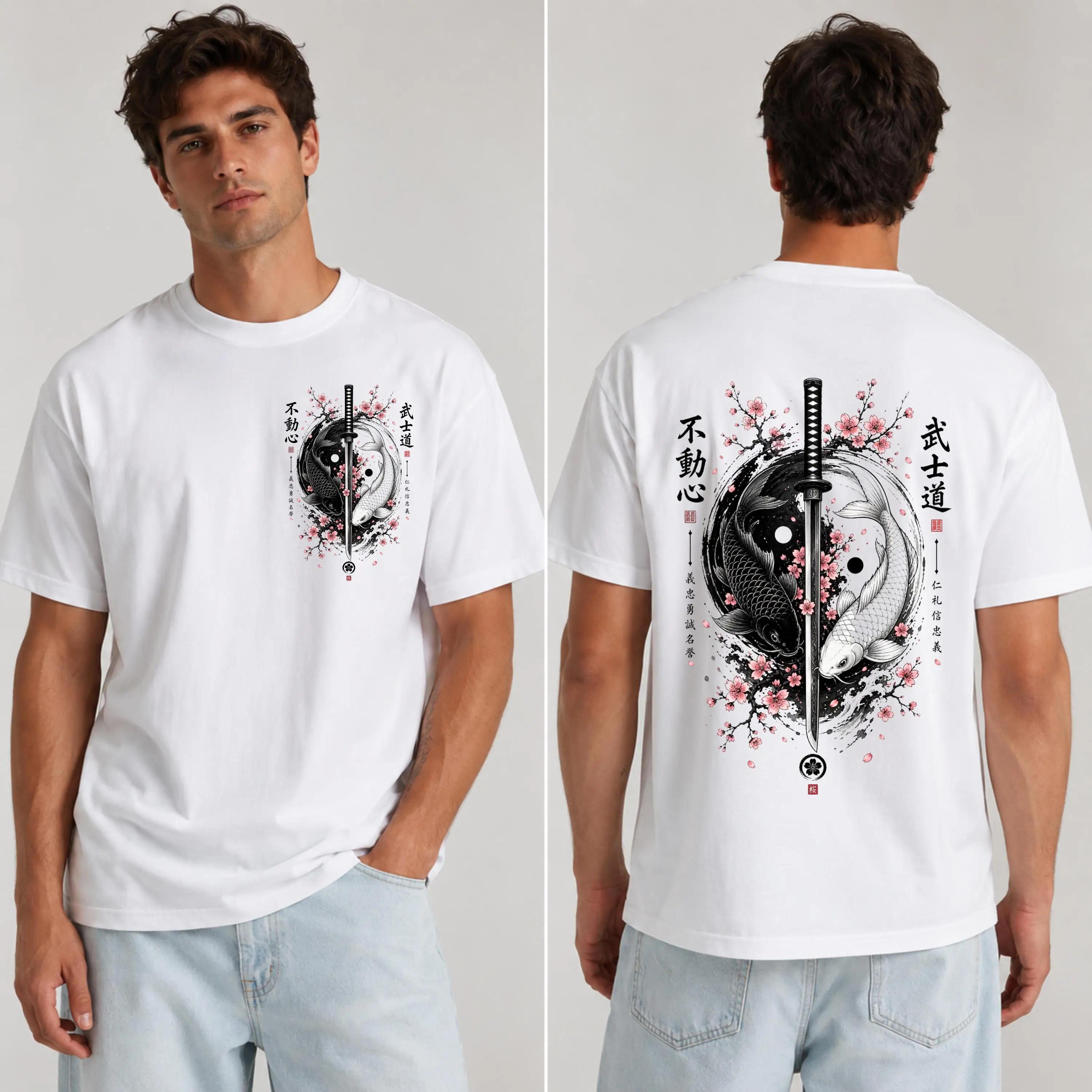 Japanese Koi Fish Shirt, Samurai Katana T Shirt, Yin Yang Graphic Tee Cherry Blossom Shirt Japanese Art Tee Unisex Vintage Shirt