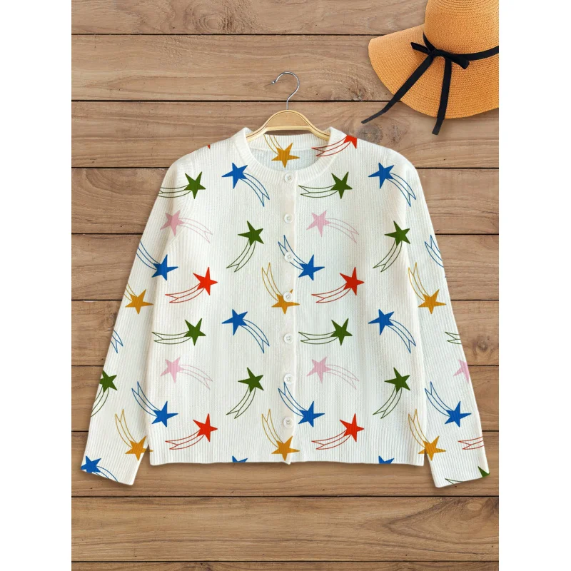 

Базовый минималистичный женский свитер со звездой и цифровым принтом, вязаный кардиган, толстый свободный кардиган с круглым вырезом и длинными рукавами на пуговицах, осень-зима, повседневный