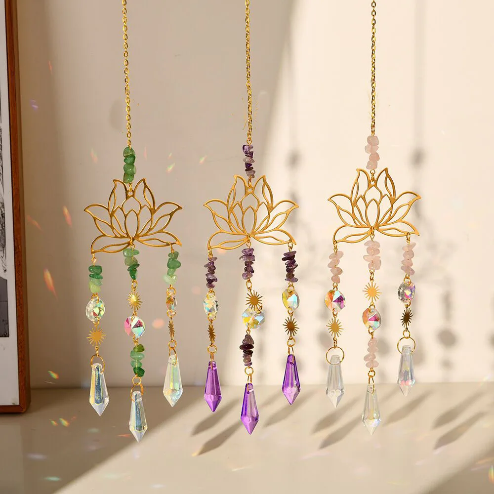 1PC Crystal Sun Catcher Gold Lotus  Hanging Decor Rainbow Maker Suncatchers Crystals Stained Glass Garden Outdoor Decors