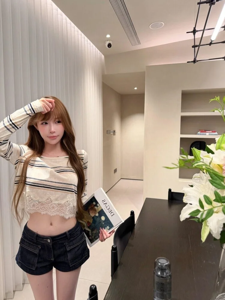Slimming Lace-Striped Long Sleeve T-Shirt Women's Summer High Waist Short Style Korean Loose Fit Breathable Casual Top