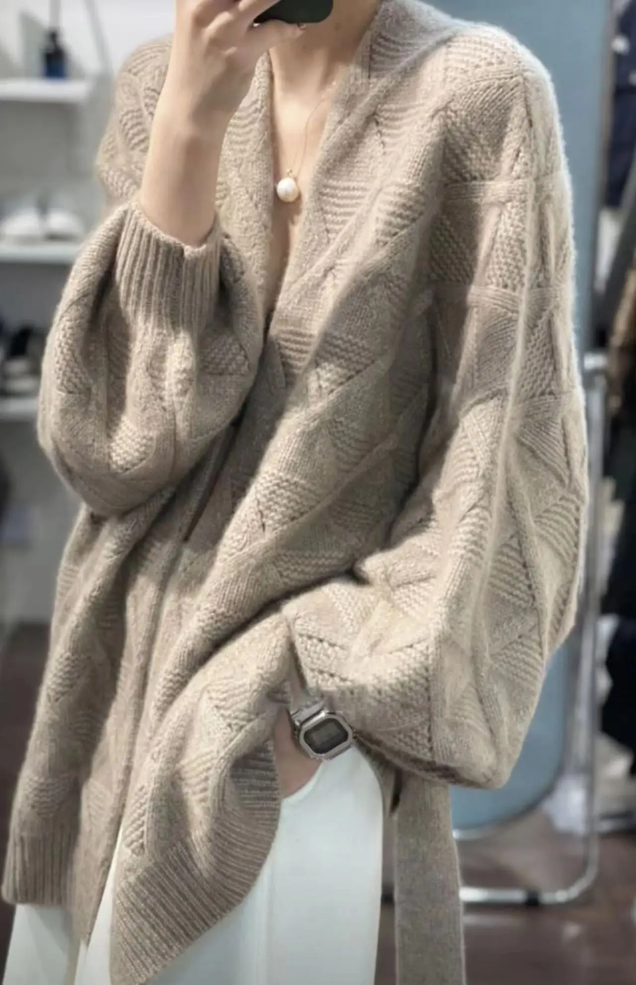 Long Cashmere Cardigan Coat for Women, Thick Knitted Sweater, Loose and Slim, Diamond Design, Autumn and Winter, New