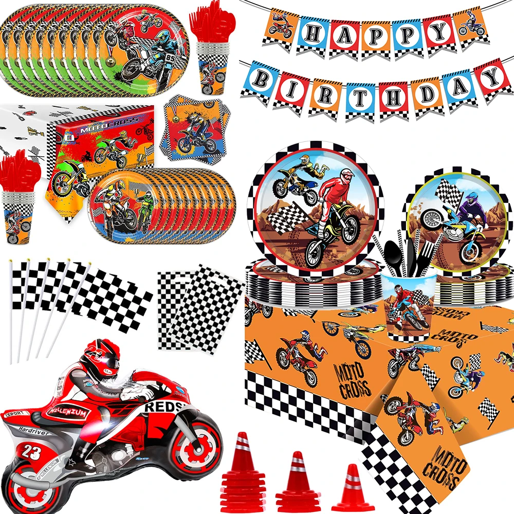 Dirt Bike Motorcycle Theme Disposable Tableware Banner Balloon Cake Decor Boys Motorbike Race Birthday Party Decoration Supplies