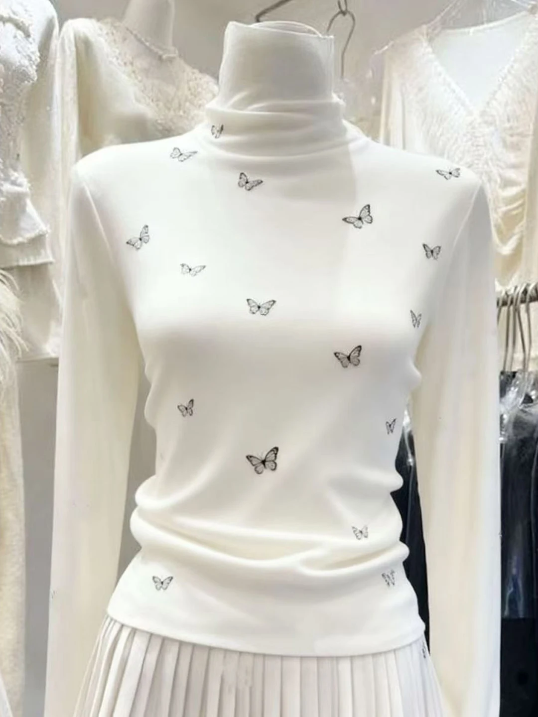 

Американский ретро-стиль 2026: Трикотажный топ с высоким воротником и принтом, плотный, облегающий, осенне-зимний, женская модная одежда