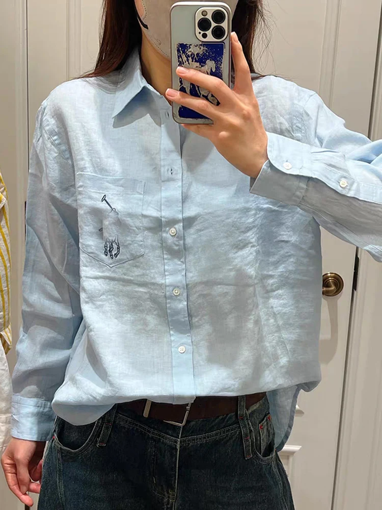 

Loose Women's Shirt 2026 Spring Summer Dopaamine Horsehead Pocket Midi Length French Style Linen Blend Long Sleeve Shirt
