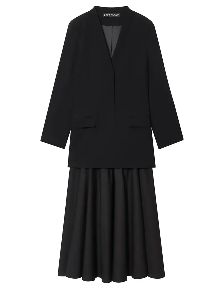 Vrouwen Splicing Pak Jurk 2026 Lente Zomer Pak Top + Rok Zwart Tweedelige Set Voor Vrouwen Mode elegante Feestjurk Set