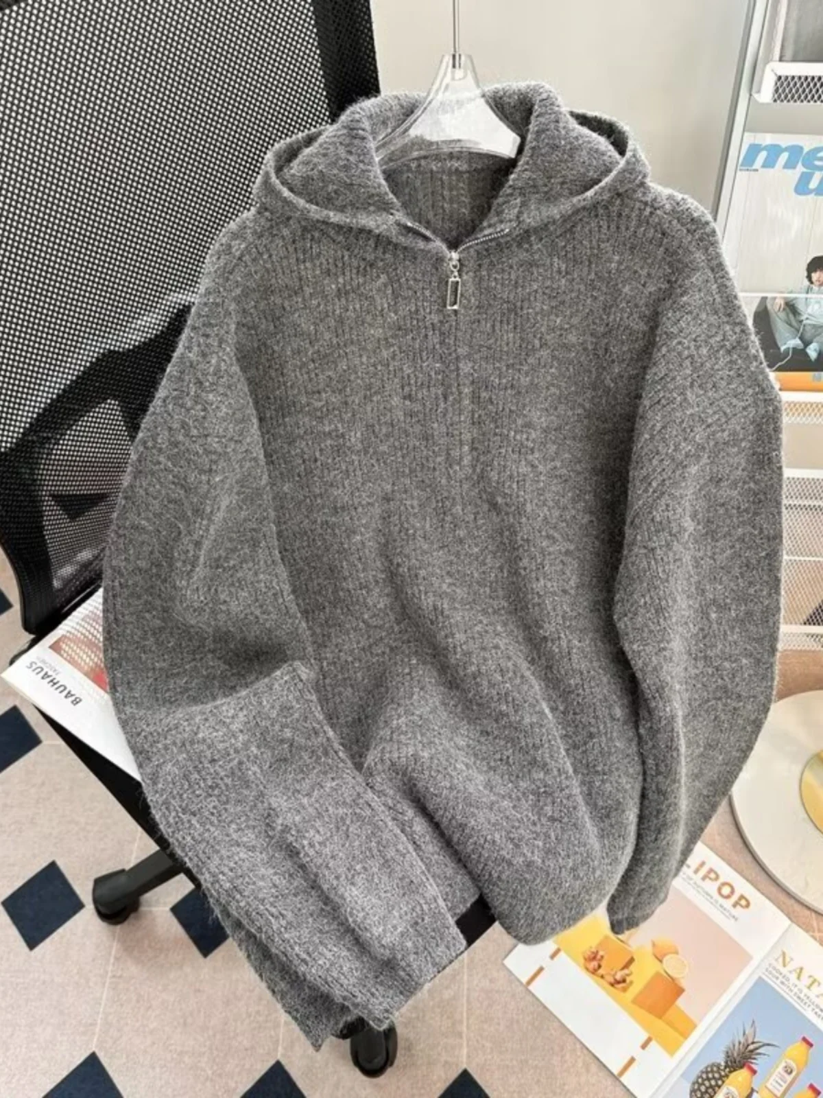 

Повседневная свободная мужская вязаная толстовка на молнии с длинными рукавами и воротником-стойкой для осени и зимы, унисекс