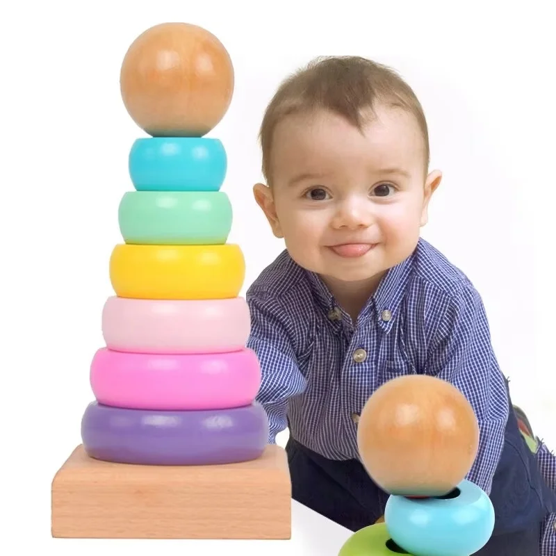 Torre de arcoíris, Color de macarrón, anillos apilables, conjunto de Collar, bloques de construcción de madera, juguete para niños, rompecabezas de educación temprana, juguete de desarrollo