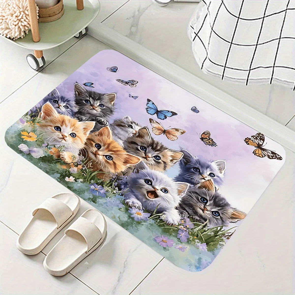 VIKAMA Cute Floral And Cat Design Home Decor Carpet, Non-Slip And Dirt-Proof, For Living Room, Kitchen, And Entryway Welcome Mat