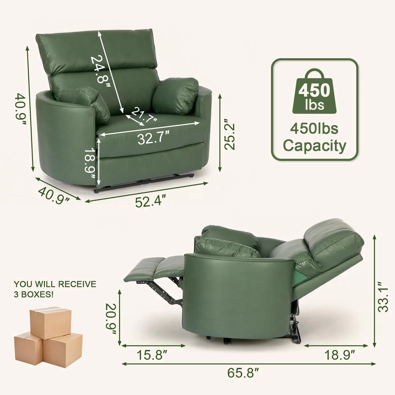 Oversized Leather Power Recliner Chair for Big & Tall Adults, Extra Wide Electric Chair with USB & Type-C Ports, Chenille Single